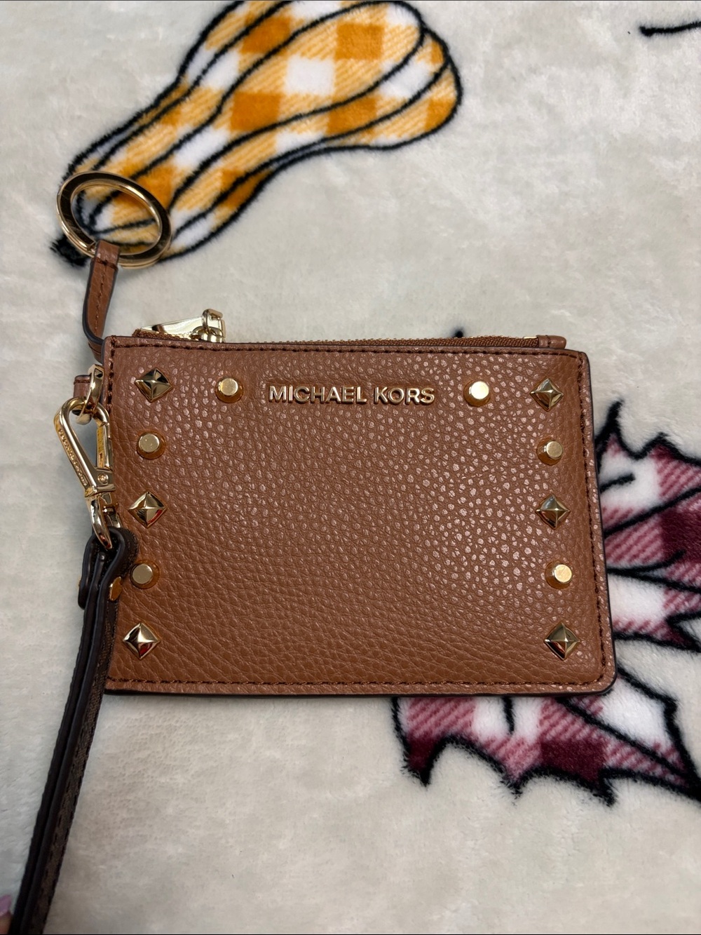 Michael Kors Tan Pebbled Leather Studded Zip Wristlet Card Case